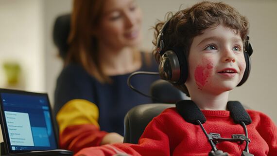 A child smiling as he sits in a wheelchair with a computer beside him