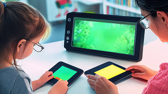 Closeup of a child and therapist sit next to each other using two smaller tablets and a larger tablet