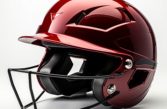 Close up of red baseball helmet with a face guard
