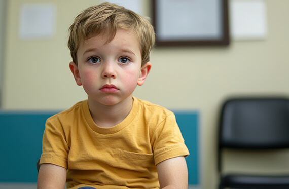 Young boy looking at camera with a sad face
