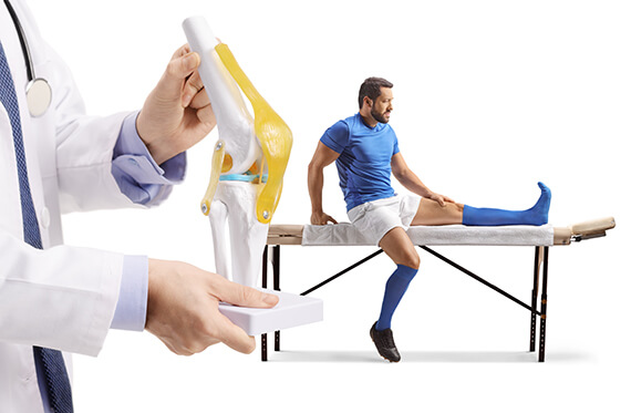 On the left is a doctor's hands holding a model of a knee joint. In the background is a patient sitting on an exam table with one leg extended forward