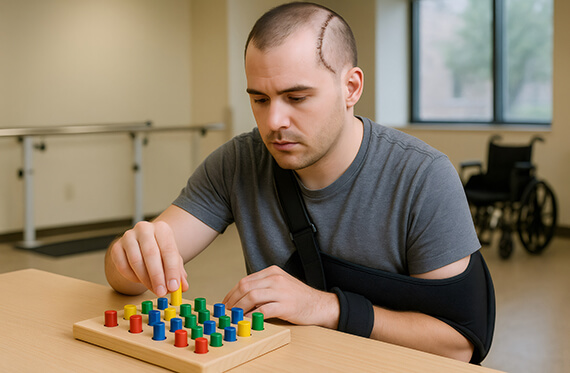 A man with a visible head scar and arm sling is siting at a table and playing a table game